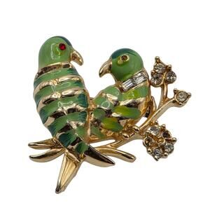 Vintage 1950s Love Birds Enamel Rhinestone Brooch Figural Pin